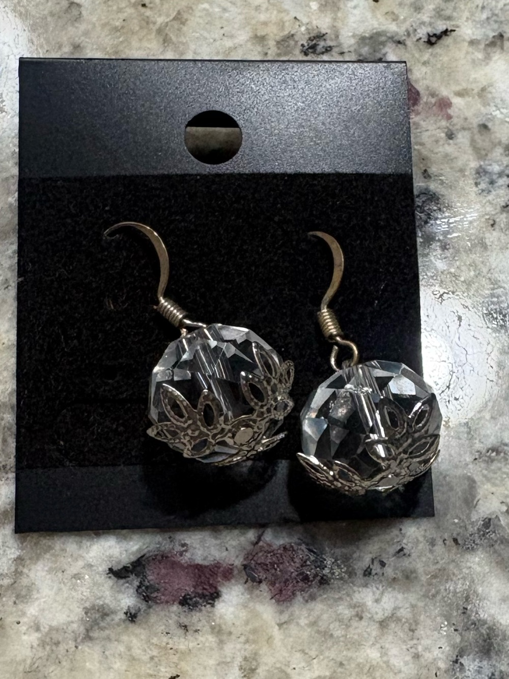 Handmade single clear bead dangle earrings New on card